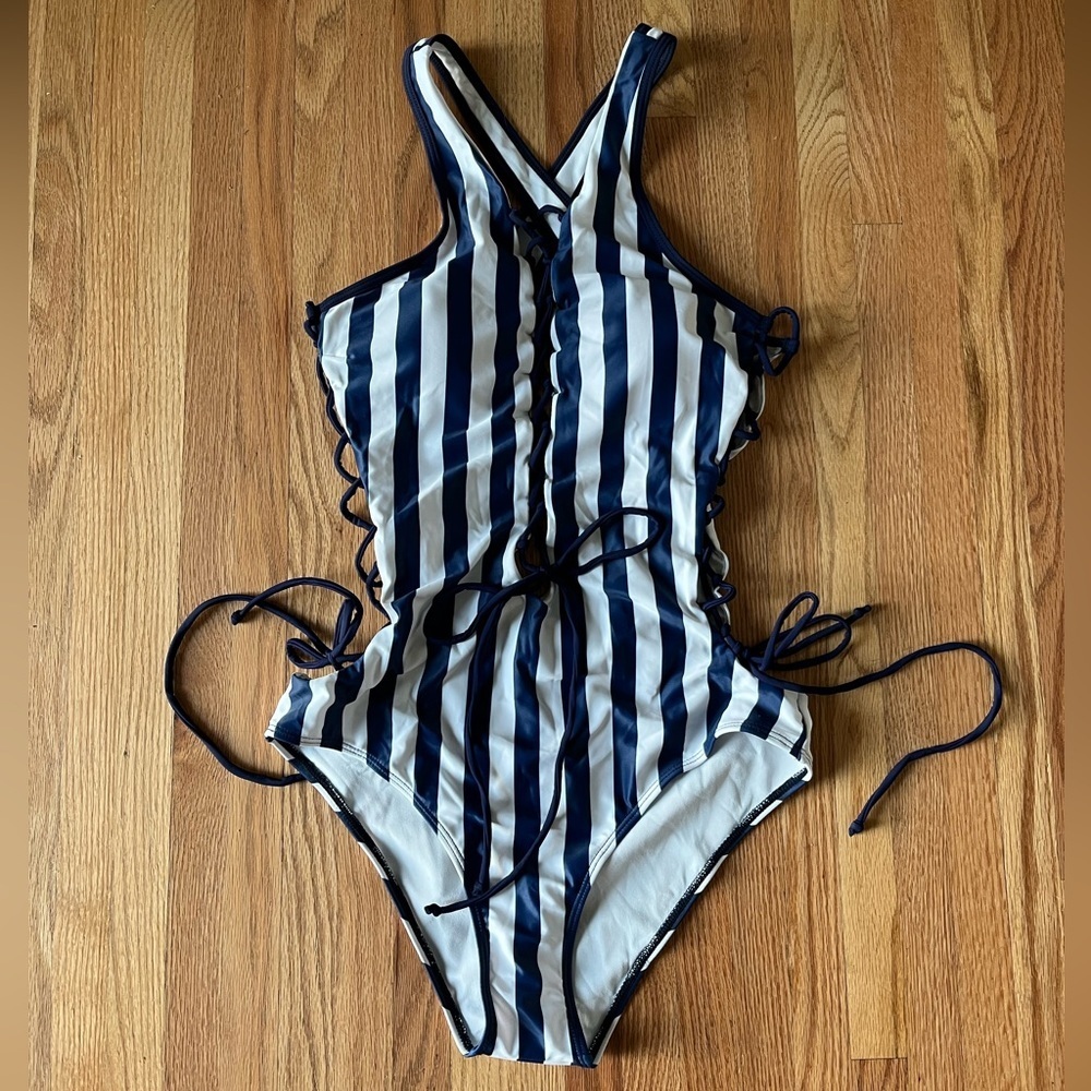 Navy and White Striped One Piece